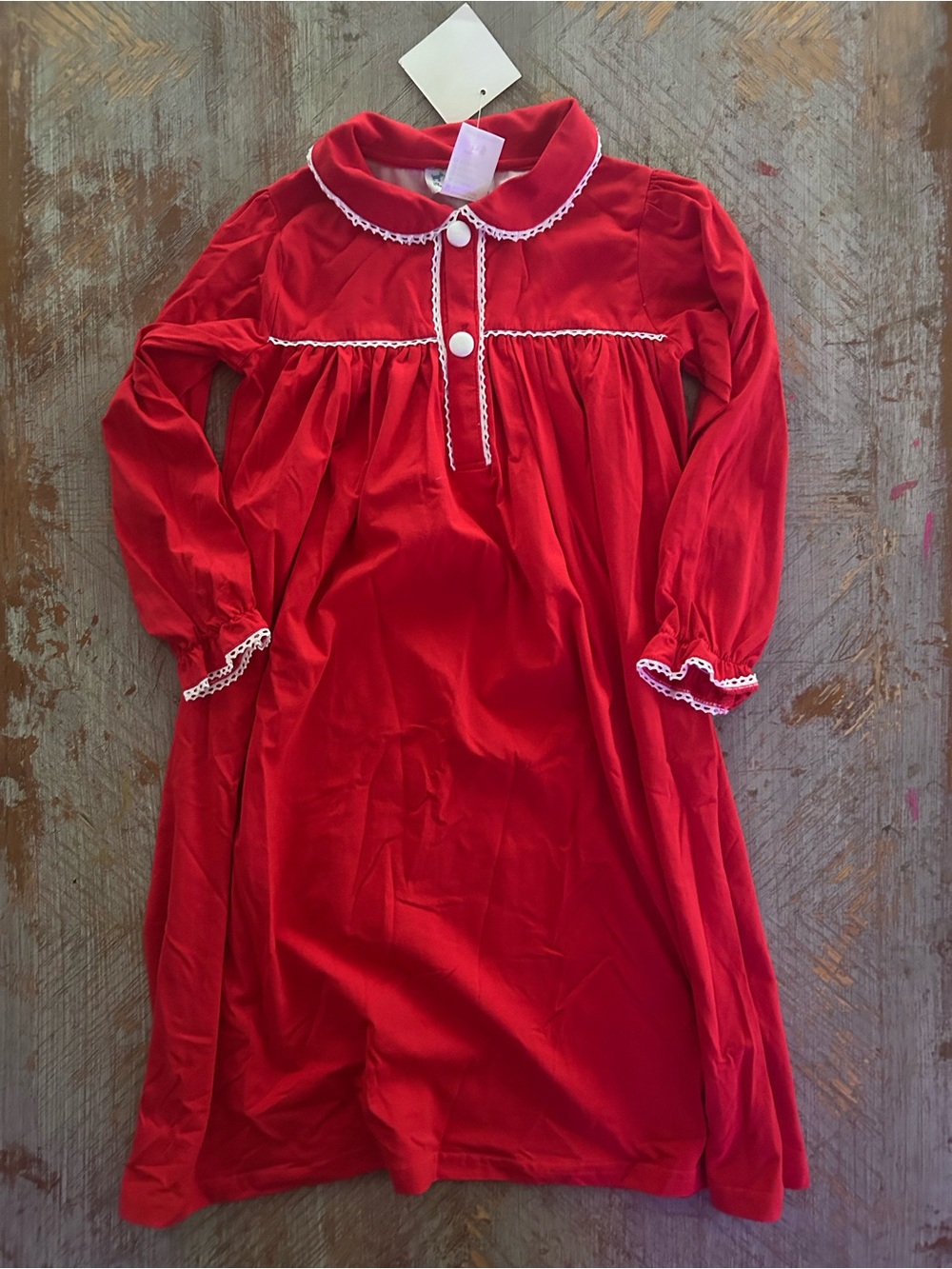 Girls' Red Long-Sleeve Nightgown with White Trim